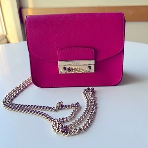 Pink leather Furla mini bag on gold chain